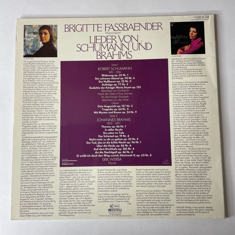 Винтажная виниловая пластинка LP Brigitte Fassbaender, Erik Werba, Lieder Von Schumann Und Brahms Шуман Брамс (Германия 1976)