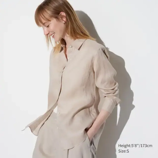 UNIQLO ЛЬНЯНАЯ РУБАШКА 100% ПРЕМИУМ-КЛАССА, БЕЖЕВЫЙ