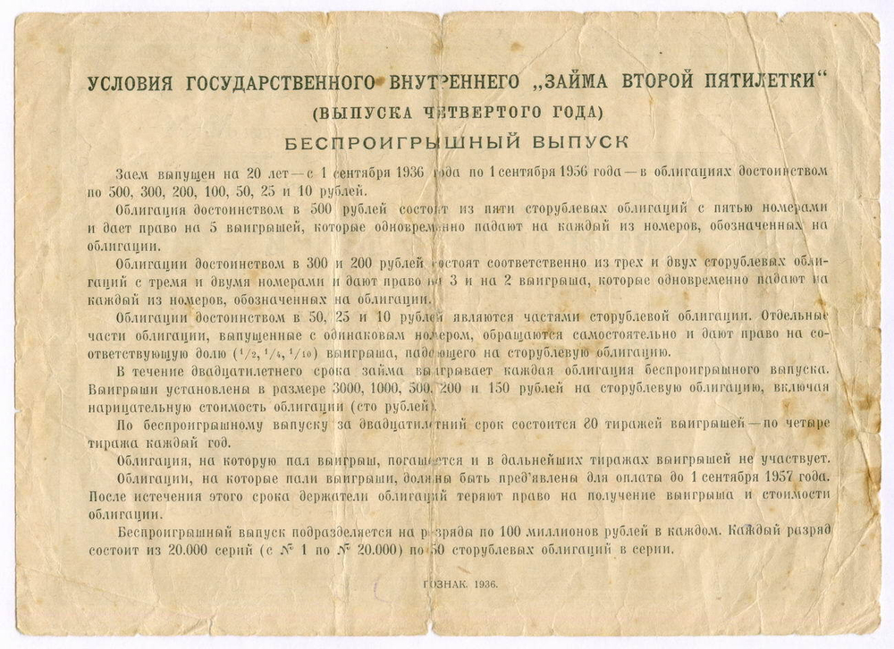 Облигация 100 рублей 1936 год. Заем 2-ой пятилетки (с подписями наркомов). Серия № 19386. VG