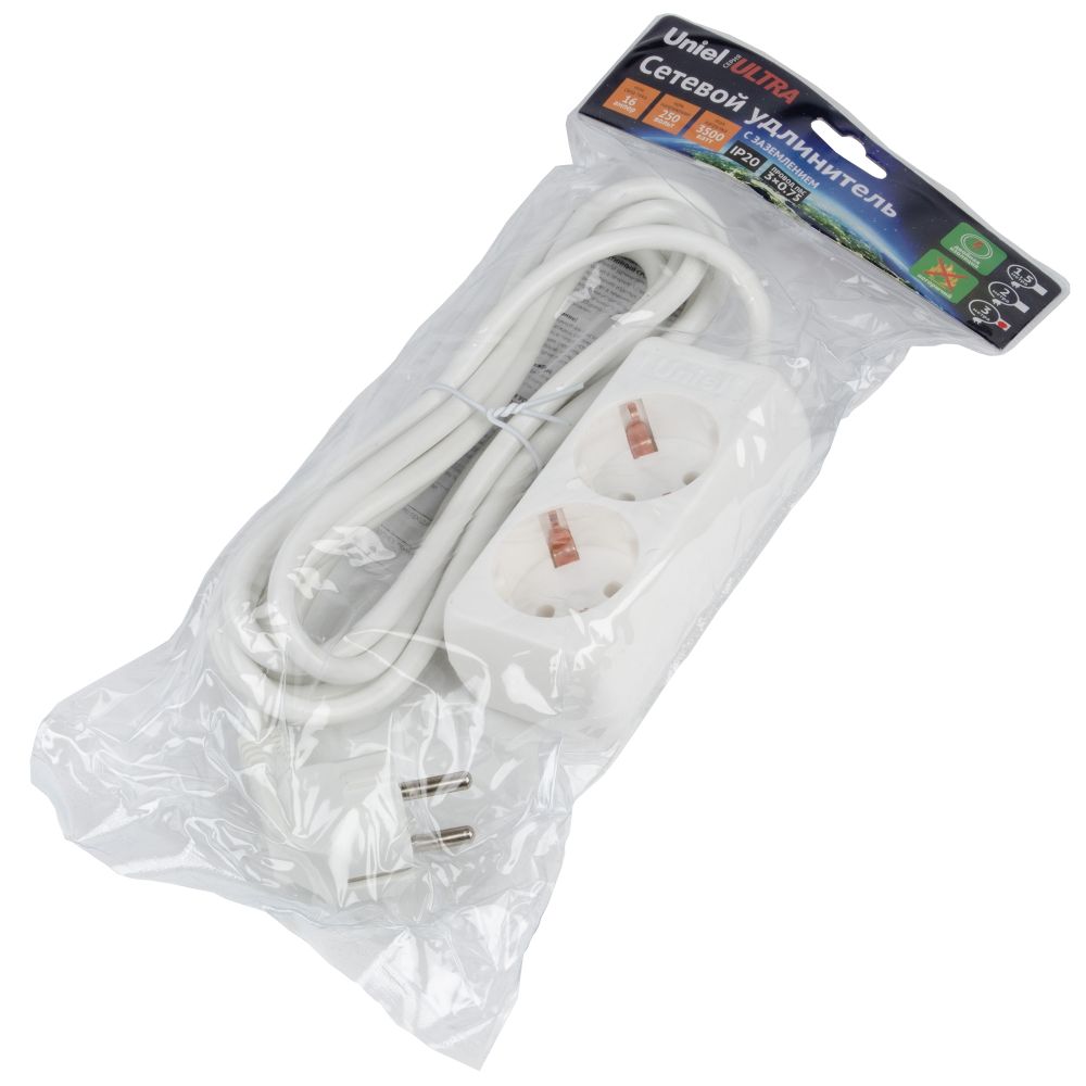 S-GCU2-3 WHITE Удлинитель серии Ultra. шнур 3м.. 2 гнезда. 16A. с-з. Белый. TM Uniel