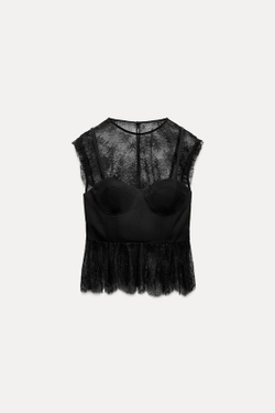 ZARA КРУЖЕВНОЙ ТОП, ЧЕРНЫЙ