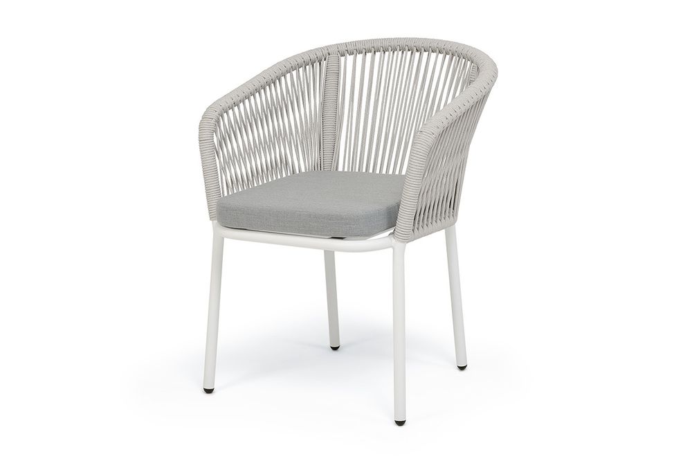 "Марсель" стул плетеный из роупа, каркас алюминий белый муар, роуп светло-серый меланж круглый tex, ткань светло-серая
