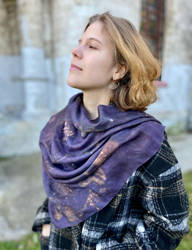 Шёлковый платок «Лесное озеро», экопринт