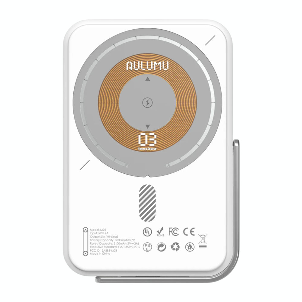 Внешний аккумулятор MagSafe с подставкой Aulumu M03 Battery Pack (3500 мА·ч) Внешний аккумулятор в футуристическом стиле | Беспроводная зарядка: Qi 5 Вт. Проводная зарядка: нет. Есть LED-индикация. Энергоёмкость — 12,95 Вт·ч