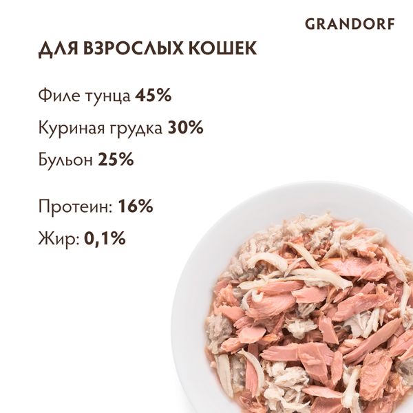 Консервы Grandorf для кошек, филе тунца и куриной грудкой