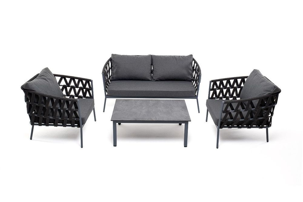 "Диего" лаунж-зона 4-местная плетеная из роупа (веревки), каркас алюминиевый темно-серый, роуп темно-серый