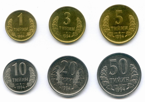 Набор из 6 монет Узбекистана (1, 3, 5, 10, 20 и 50 тийин) 1994 год. AUNC