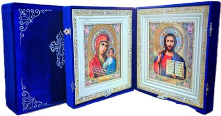 Складень большой синий: барх, вышивка, стекло, багет белый, 2 замка (26х23х8) (5507-5462) (Белив