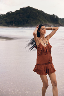 ZARA ТОП С ВОЛАНАМИ И КРУЖЕВОМ, ТЕРРАКОТОВЫЙ