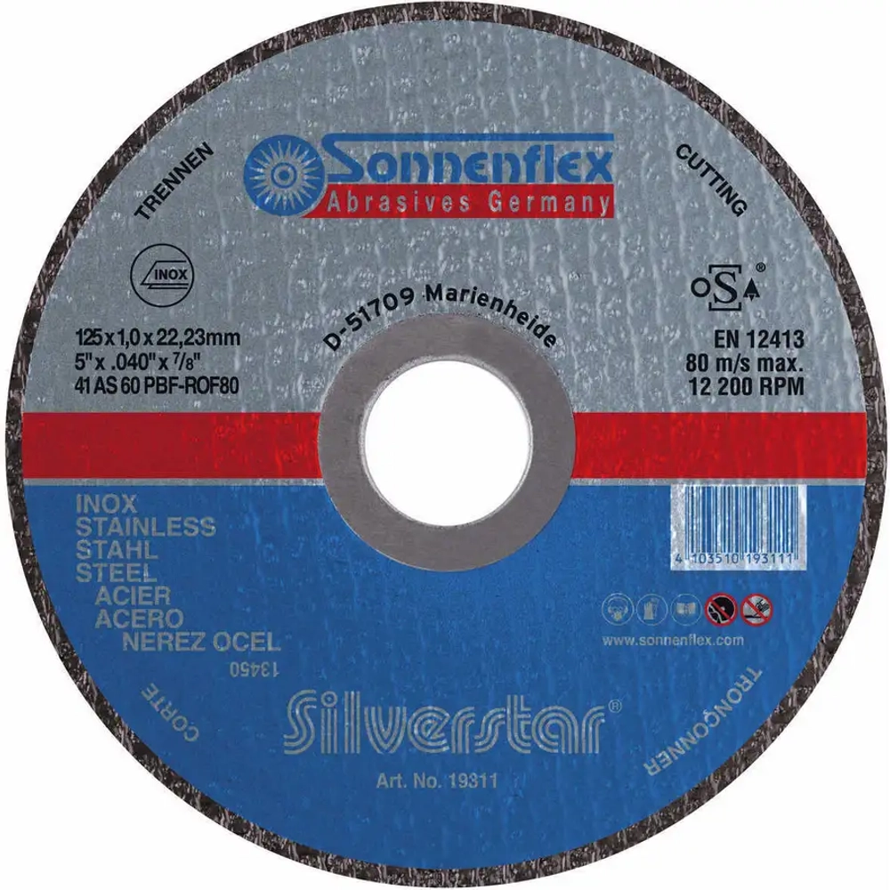 Абразивный отрезной диск Silverstar 125x1,0x22,23 AS60PBF F41 SiS INOX Sonnenflex 19311