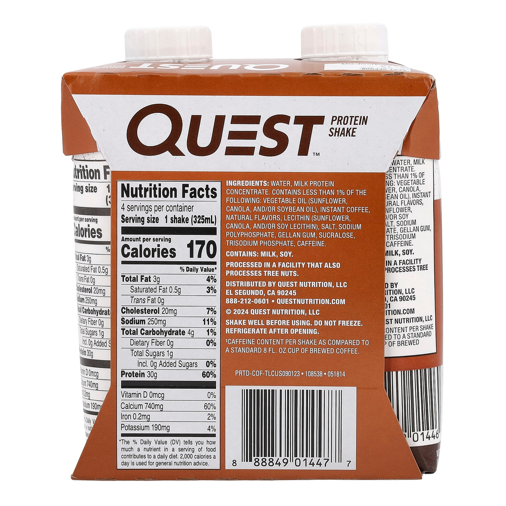 Quest Nutrition, Протеиновый коктейль, кофе, 4 коктейля, 325 мл (11 жидк. унц.)
