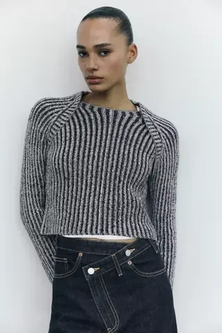 ZARA УКОРОЧЕННЫЙ СВИТЕР В РУБЧИК, СИНИЙ/ИНДИГО
