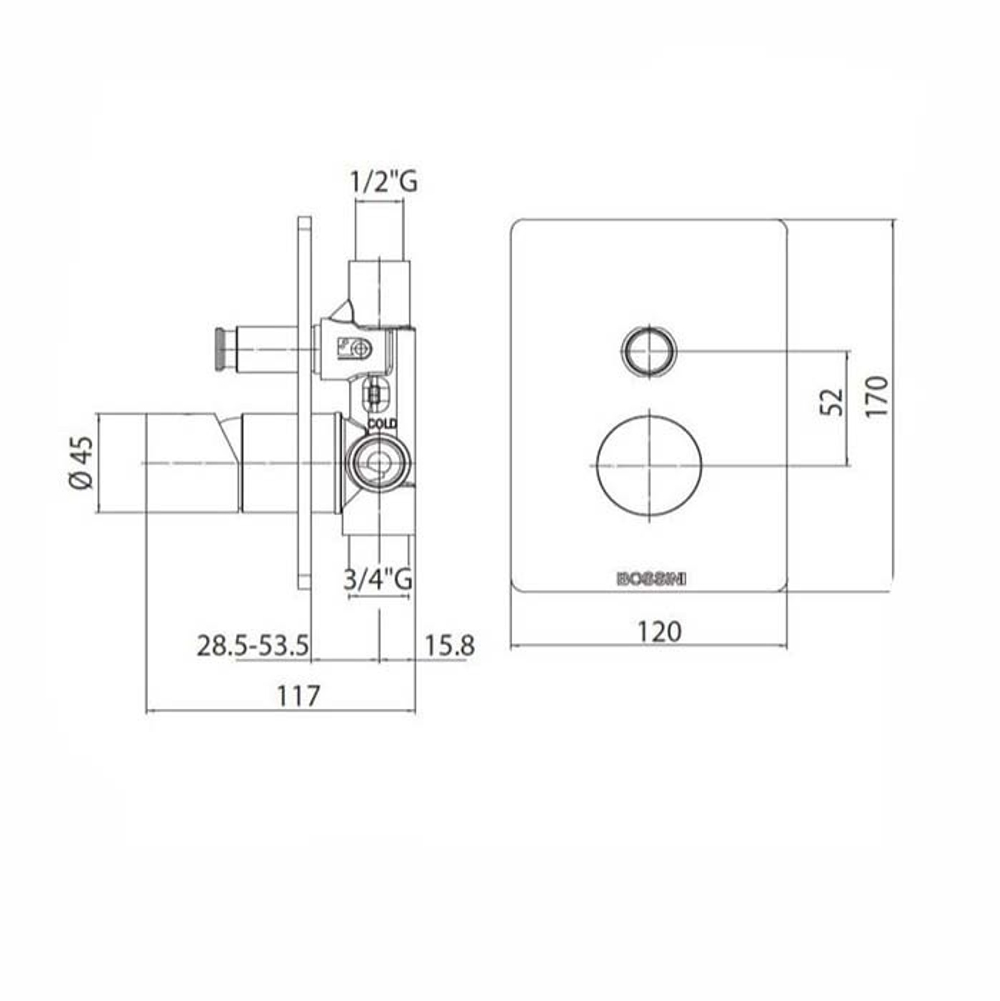 Bossini смеситель для душа с переключателем на 2 выхода, встраиваемый, внешняя часть, цвет nero opaco