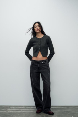 ZARA ОДНОТОННЫЙ УКОРОЧЕННЫЙ КАРДИГАН ИЗ ТРИКОТАЖА, СЕРЫЙ С МЕЛАНЖЕВЫМ ЭФФЕКТОМ