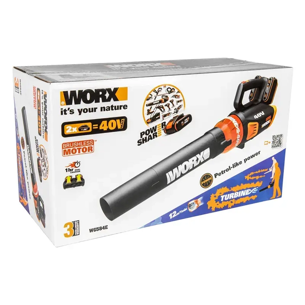 WORX WG584E 20В аккумуляторная воздуходувка (2 x 2 Ач, ЗУ) 40.3 м/с