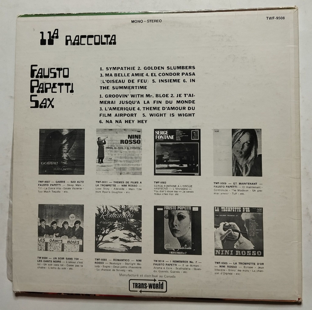 Винтажная виниловая пластинка LP Fausto Papetti 11a Raccolta (Canada 1970)