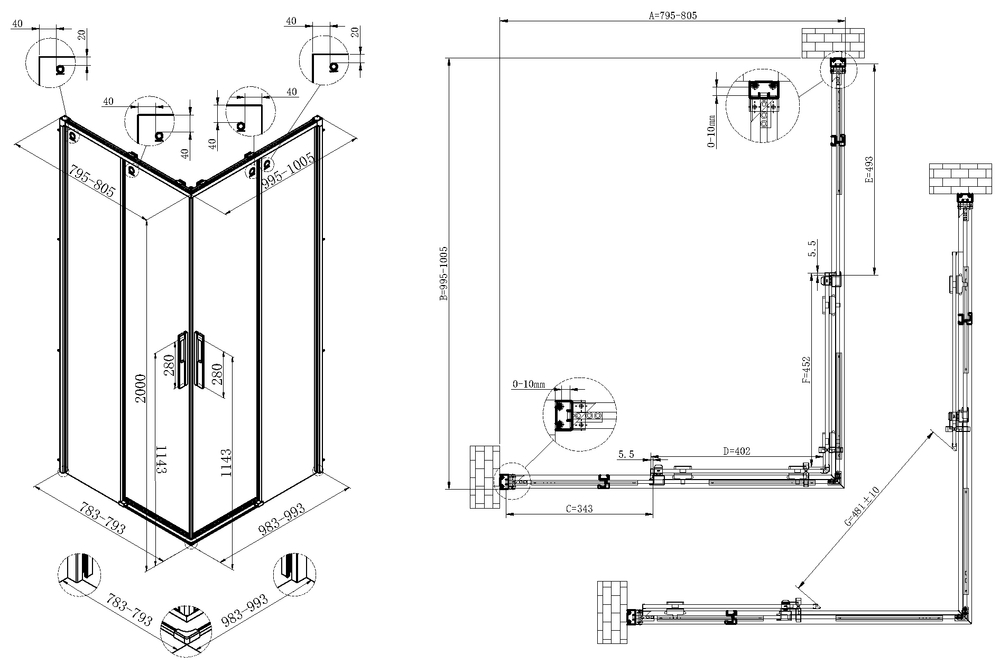Душевой уголок Ultima VSS-7UL8010CL, 800*1000, хром, стекло прозрачное