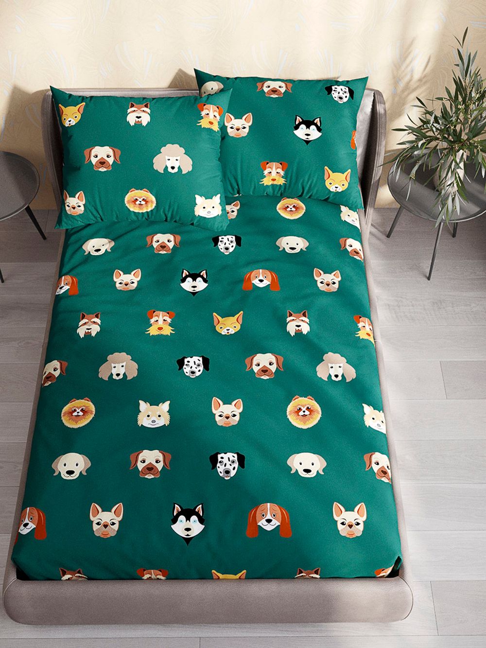 Постельное белье "Dogs " 1,5-сп  наволочка 50х70 1шт Простынь на резинке 90х200 см Пододеяльник 145х215 см Сказка сатин