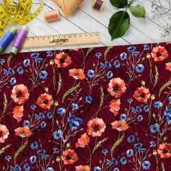 Ткань атлас маки и васильки на бордовом фоне