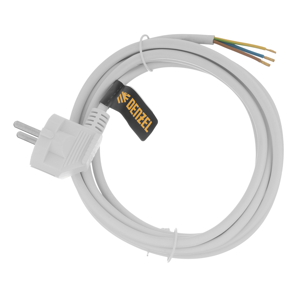Шнур сетевой Energy Series, ПВС, 3 м, 3 x 1 мм, с неразборной вилкой, белый, Denzel