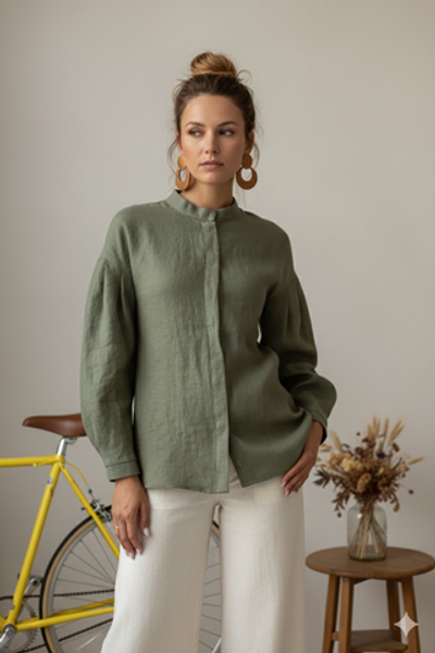 Рубашка Людмила изо льна оливкового цвета