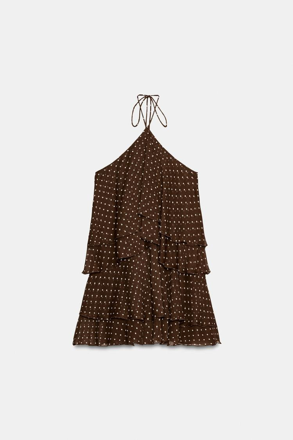 ZARA ПЛАТЬЕ ХАЛТЕР С ВОЛАНАМИ В ГОРОШЕК, КОРИЧНЕВЫЙ/БЕЛЫЙ