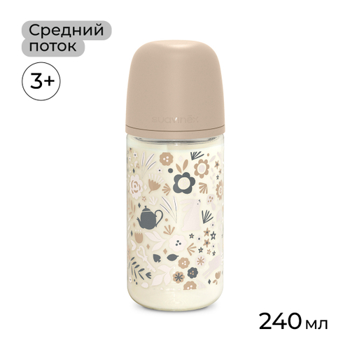 Стеклянная бутылочка для кормления Suavinex Wonderland 240 мл, средний поток, 3 мес+