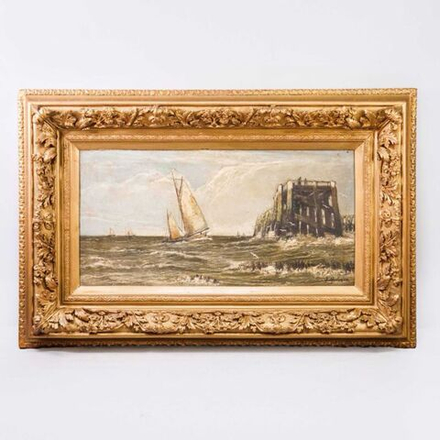 Винтаж: Антикварная картина «Парусники»