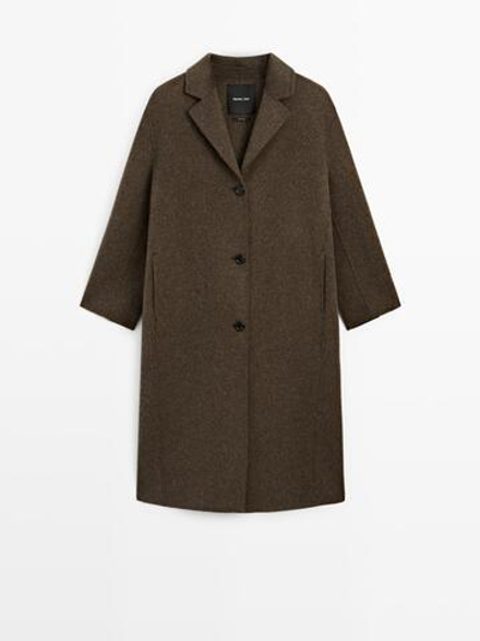 Massimo Dutti Длинное пальто из смесовой шерсти, темный хаки