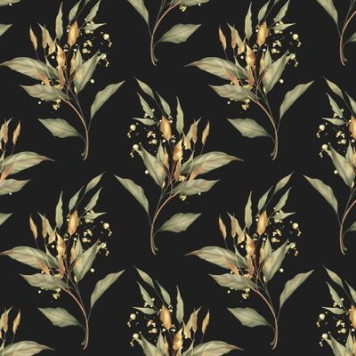 Растительный узор. Листья и золото, черный 1