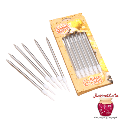 Свечи для торта "Шайн" 6 шт, коктейльные, серебрянный металлик