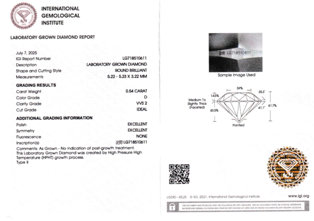 Лабораторно-выращенный бриллиант Кр-57 5.22-5.23 мм D/VVS2 0.54 ct