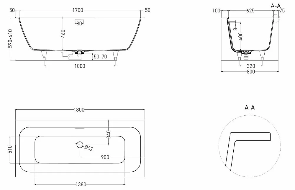 Ванна Salini Orlanda AXIS KIT S-Stone 180x80 103322M белая матовая