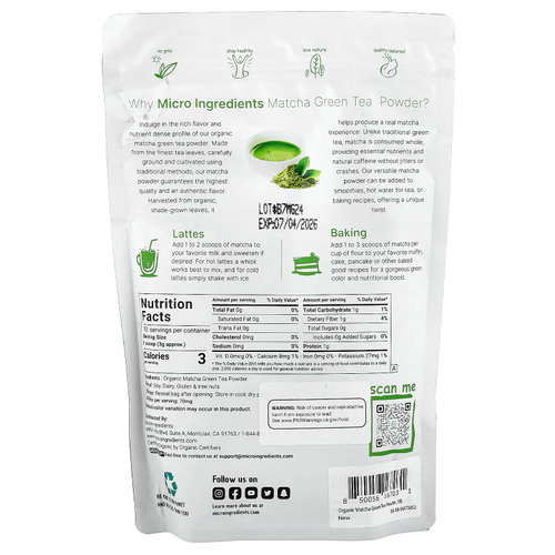 Micro Ingredients, органический зеленый чай матча в виде порошка, 454 г (1 фунт)