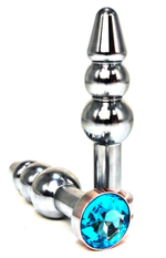 Серебристая коническая анальная пробка-ёлочка с голубым кристаллом - 11 см. (Цвет: голубой)