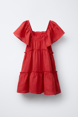 ZARA ПЛАТЬЕ ИЗ 100% ЛЬНА С ВОЛАНАМИ, КРАСНЫЙ