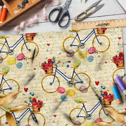 Ткань интерлок велосипеды с щариками и розами на фоне письма