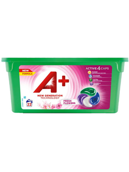 Капсулы, средство для стирки A+ CAPS ACTIVE4 Fresh Flowers 22 шт., для цветного и белого белья