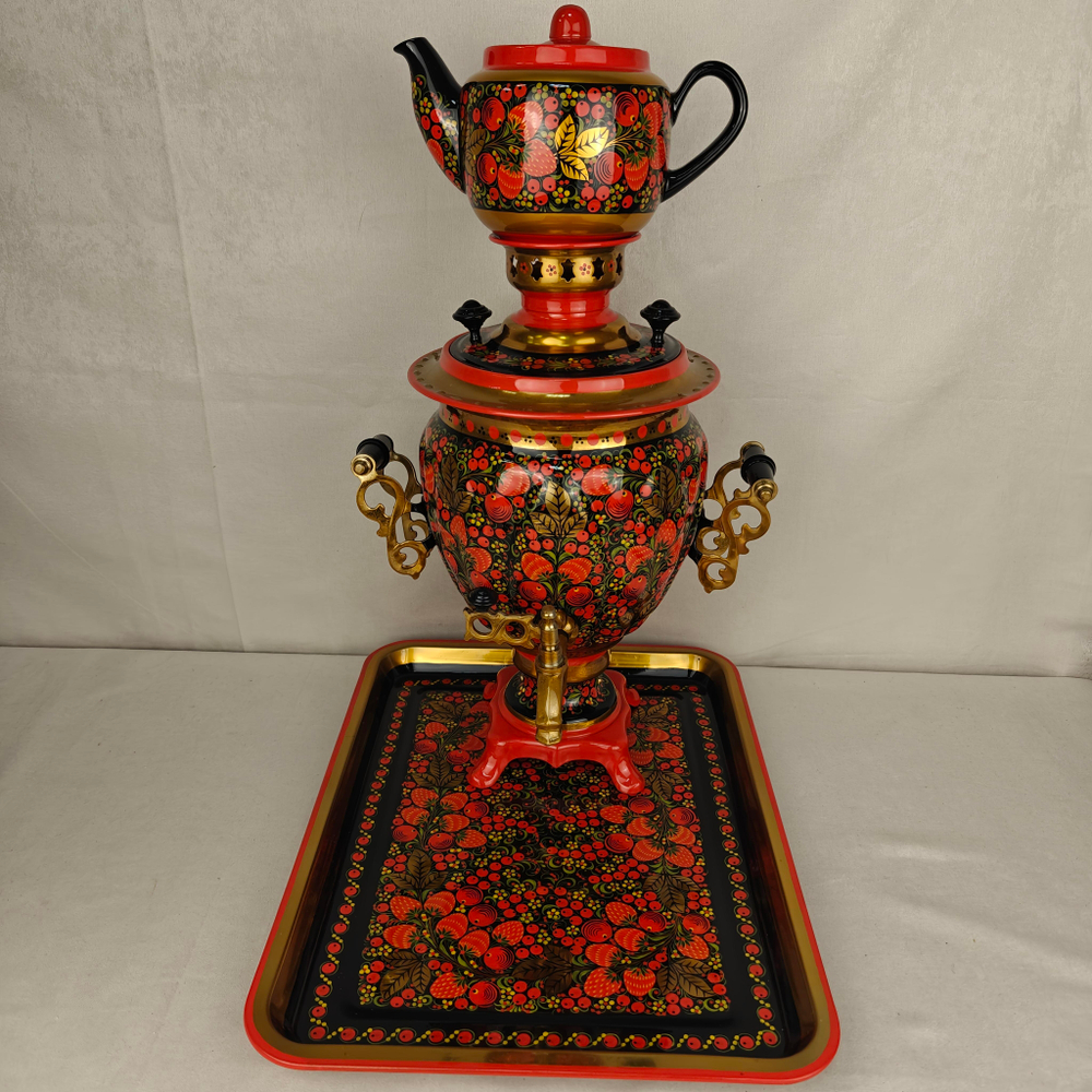 Самовар электрический трехлитровый в наборе с подносом и чайником с художественной росписью «Клубничка хохломская»