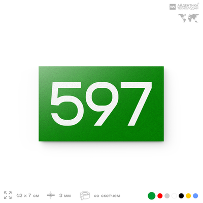 Номер на дверь 597, табличка на дверь для офиса, квартиры, кабинета, аудитории, склада, зеленая 120х70 мм, Айдентика Технолоджи