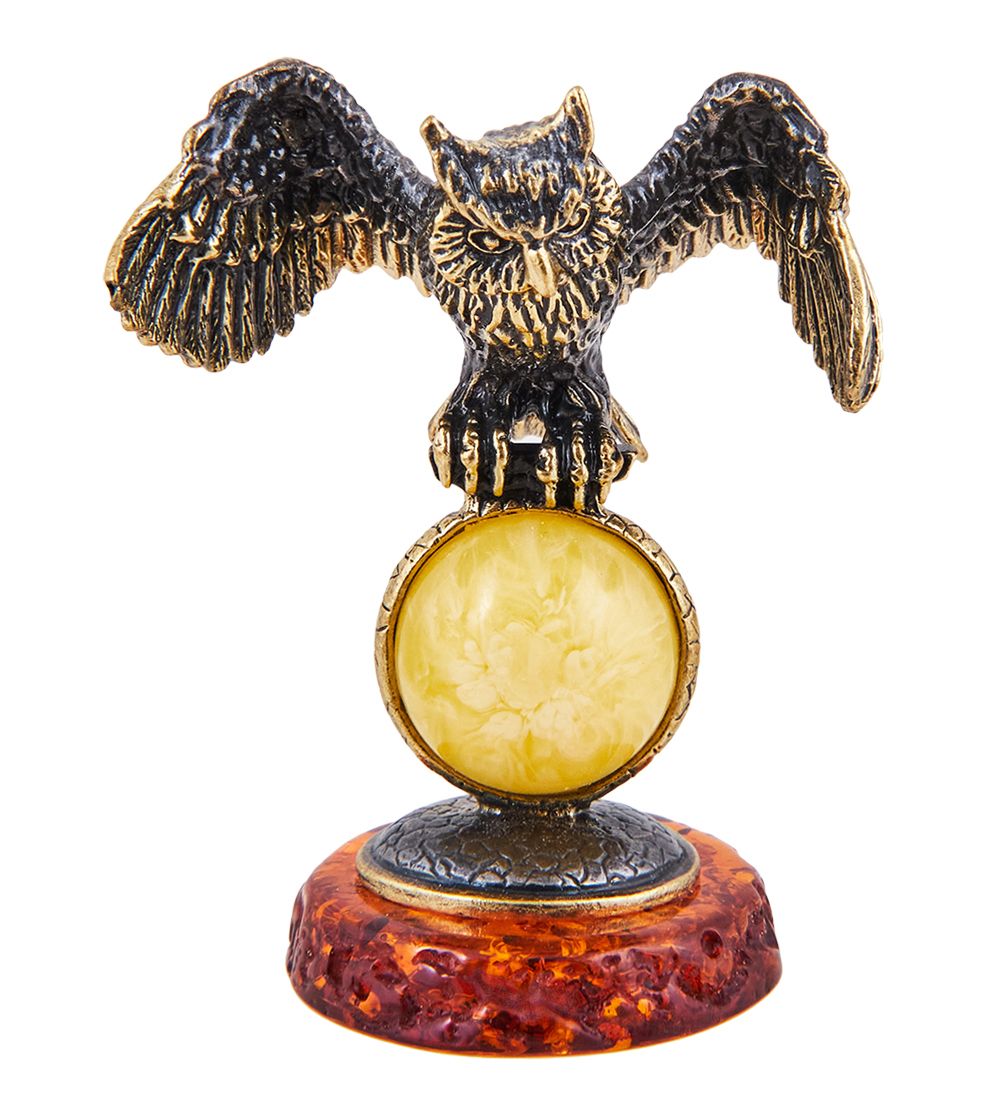 Народные промыслы AM-3705 Фигурка «Птица Сова на Луне» (латунь, янтарь)