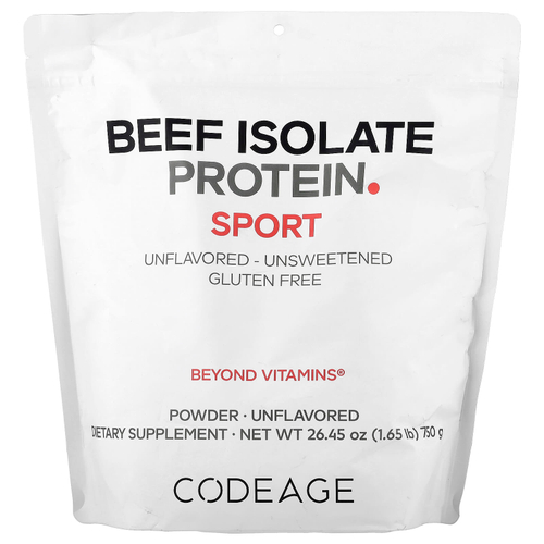 Codeage, Sport, говяжий изолят протеина в порошке, без добавок, 750 г (1,65 фунта)