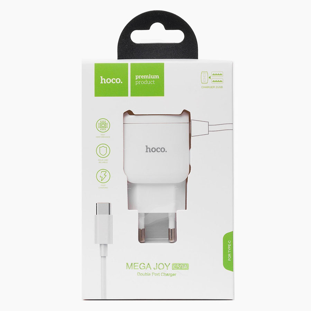 Сетевое зарядное устройство USB Hoco C59A (2A, 2 порта, кабель Type-C) Белый