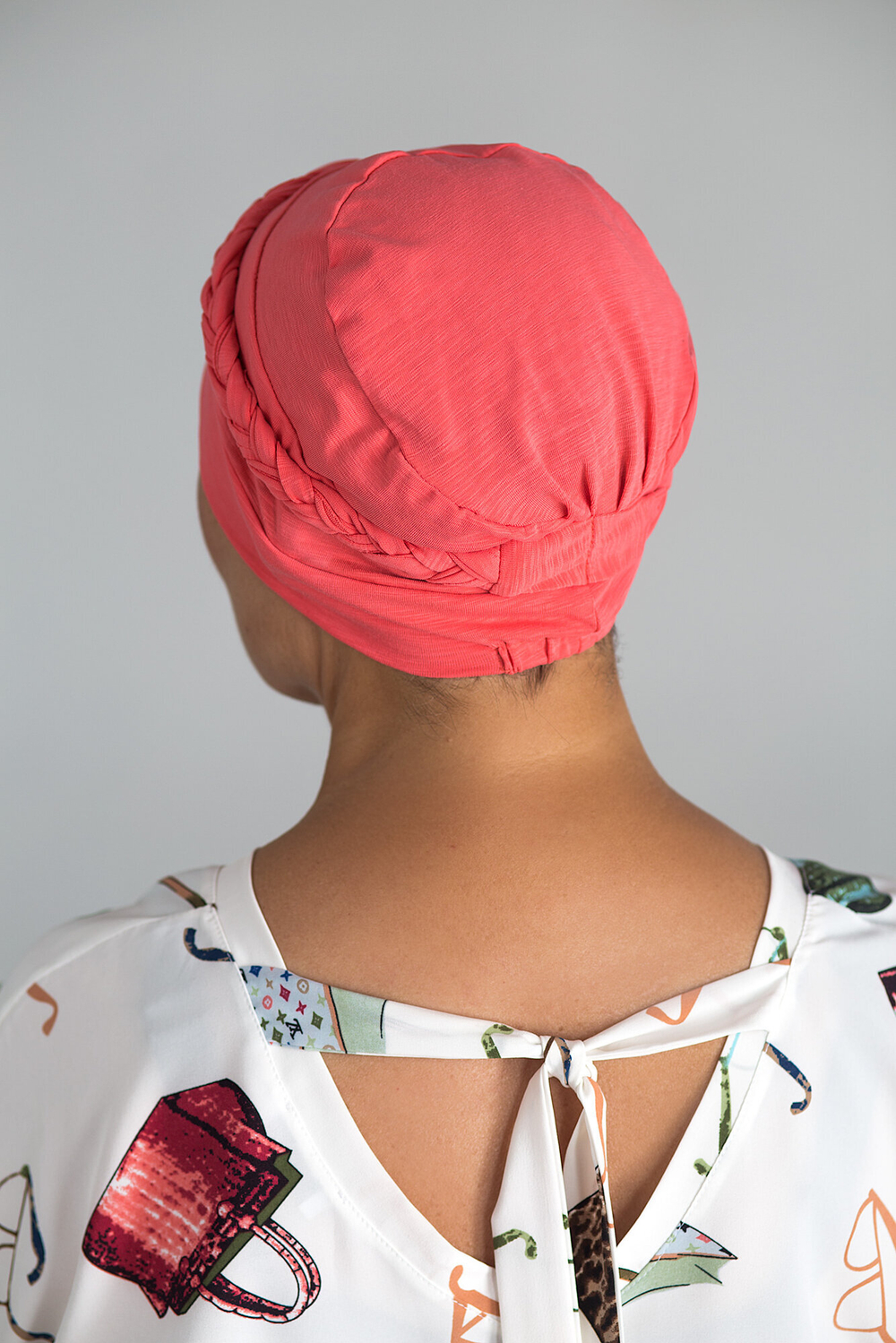 Шапочка КЛЭР с косичкой, тюрбан из хлопка, коралловый Elza Meyger