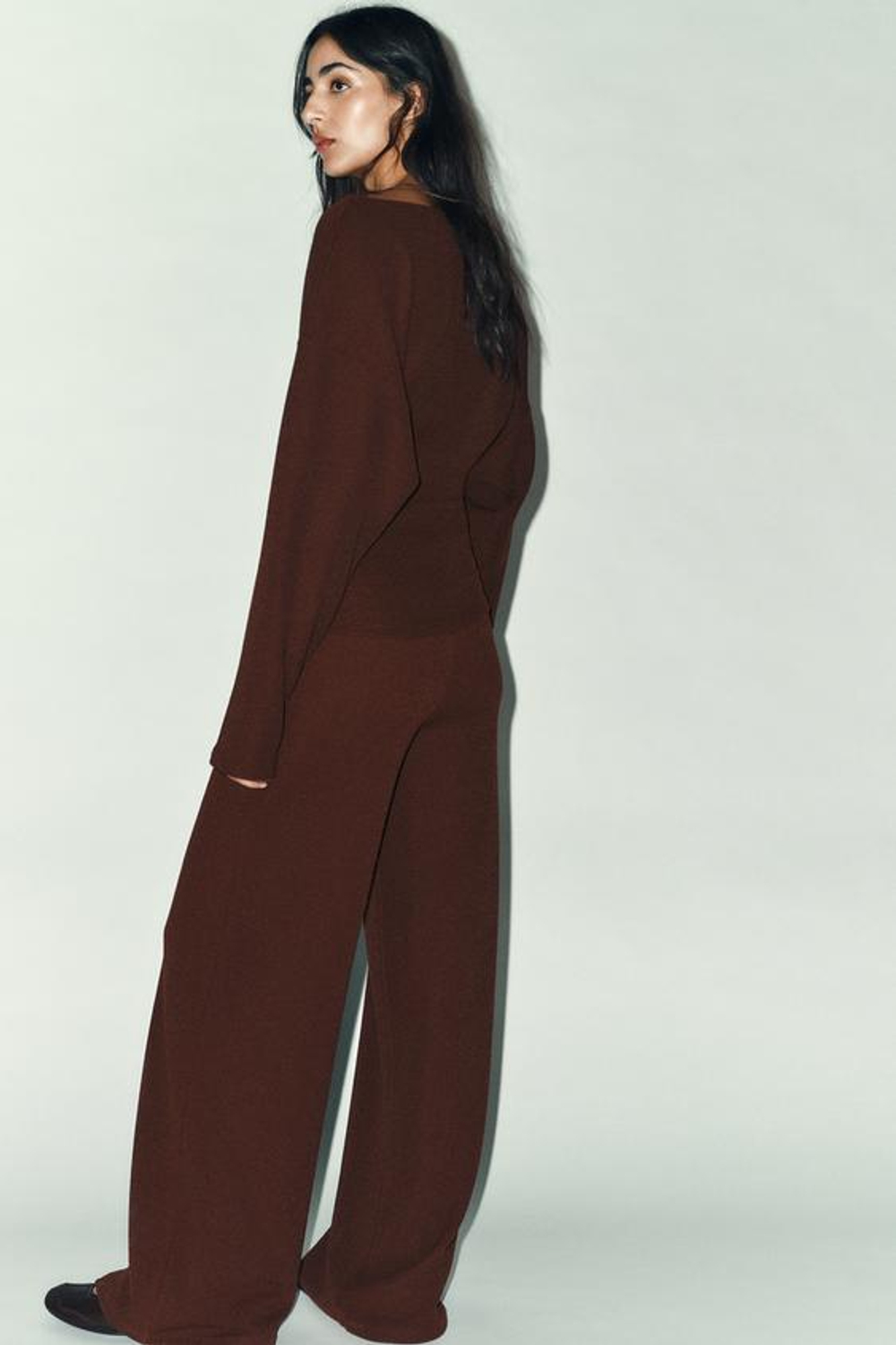 ZARA ШИРОКИЕ ФАКТУРНЫЕ БРЮКИ, КОРИЧНЕВЫЙ