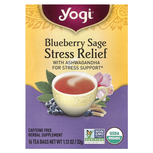 Yogi Tea, Stress Relief, голубика и шалфей, без кофеина, 16 чайных пакетиков, 32 г (1,12 унции)