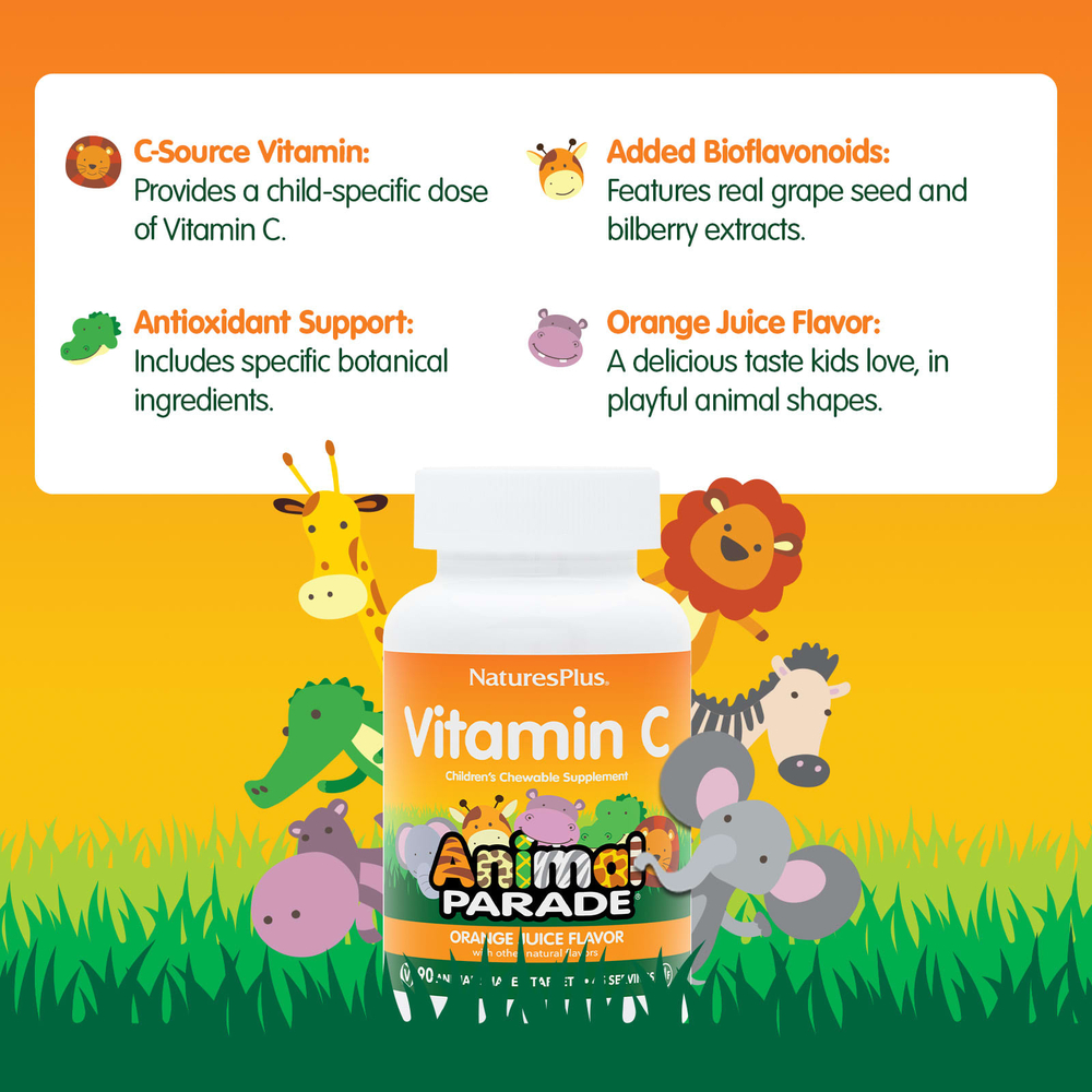 NaturesPlus, Animal Parade®, витамин C, со вкусом апельсинового сока, 90 таблеток в форме животных