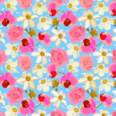 Floral seamless pattern of orchids, roses, daffodils.