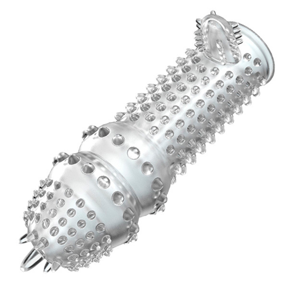 Прозрачная насадка на пенис 12,8см с шипами и стимулятором клитора Baile Sleeve BI-010045C