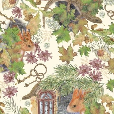 Осенний акварельныц паттерн с растительными мотивам и анималистикоц